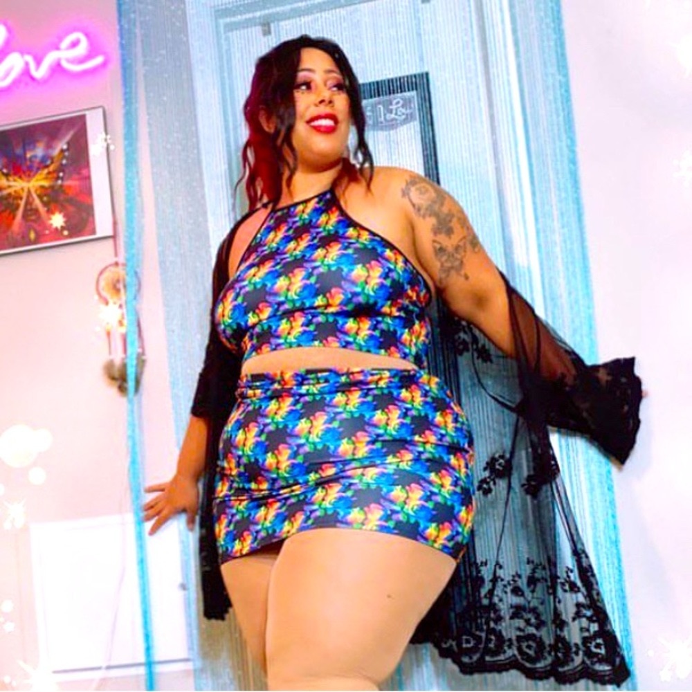 Freedom Ravewear “Rainbow Roses” halter tie top -PLUS SIZE 1X